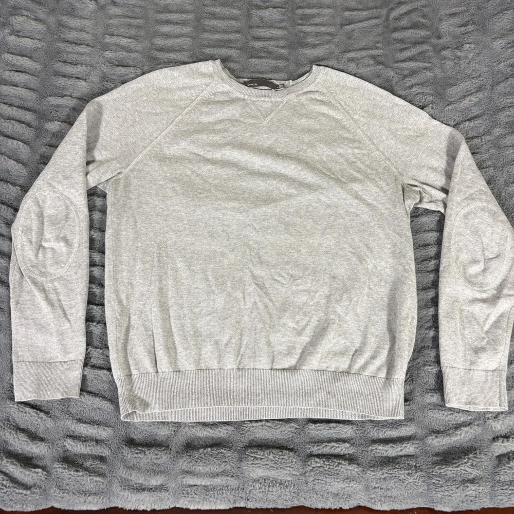 Vince Mens Gray Cotton Raglan Crewneck Sweater Elbow Patches Size M AR098